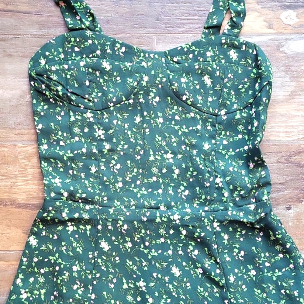Reborn Green & Pink Floral Tie-Straps Smocked Back Lined Midi Dress, XS, Size 2 - Picture 5 of 14